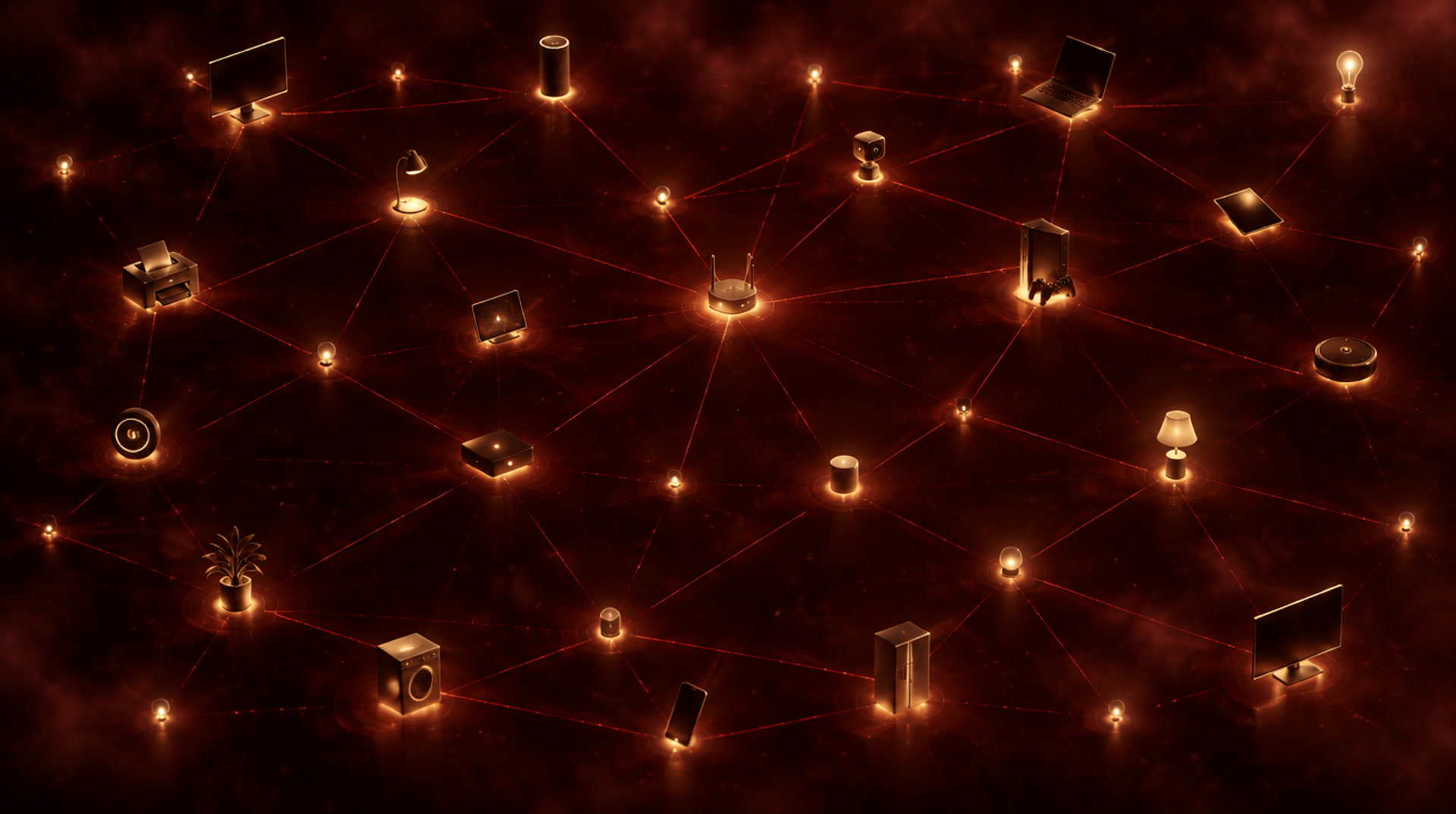 A live map of every device on a home network, each shown as a glowing node connected to the others: TV, laptop, router, game console, phone, printer, speaker, and more.